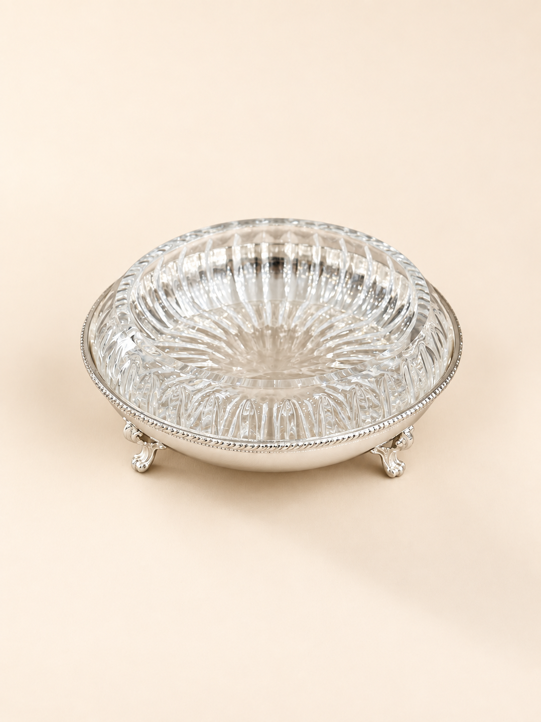 Silver-Plated Shallow Bowl on Scroll Feet with Cut-Glass Insert, 16 cm by Oriental Elegance