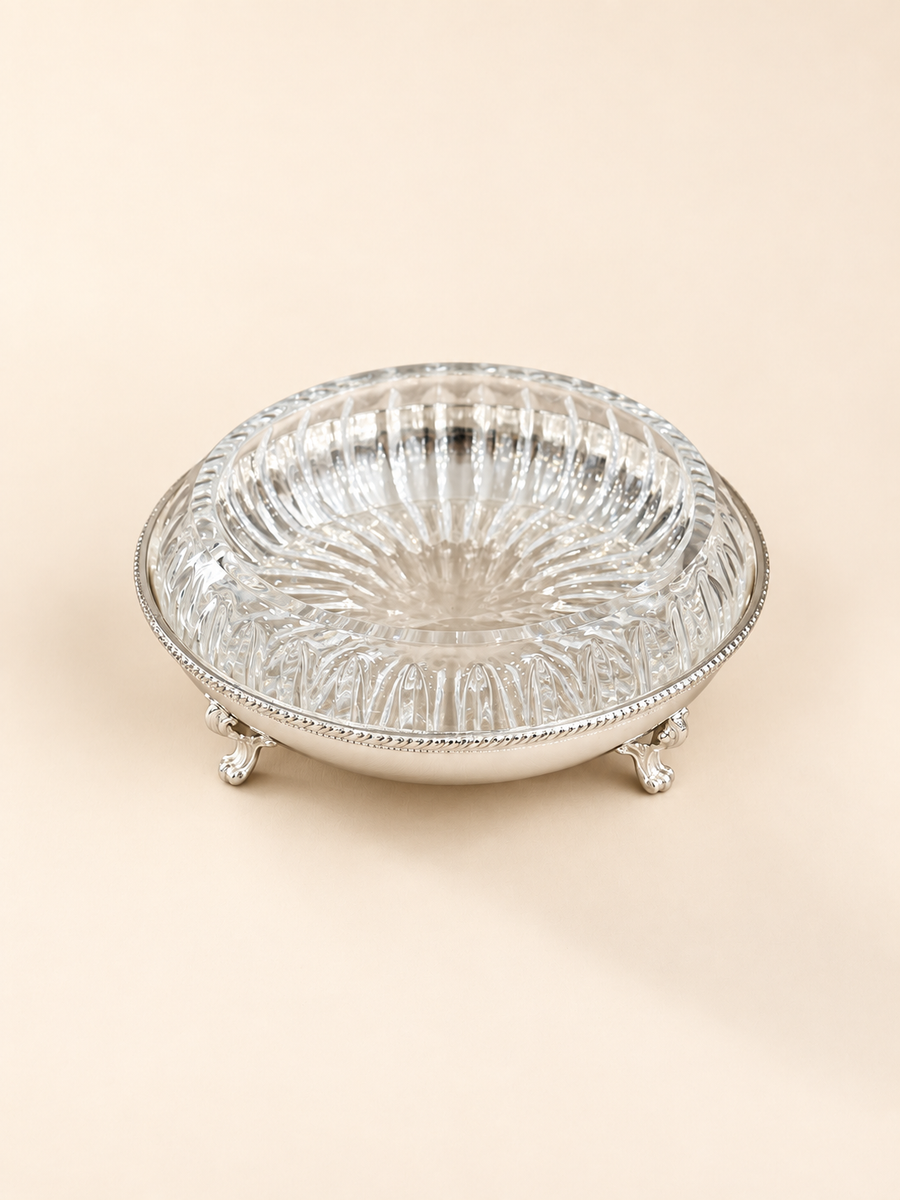 Silver-Plated Shallow Bowl on Scroll Feet with Cut-Glass Insert, 16 cm by Oriental Elegance