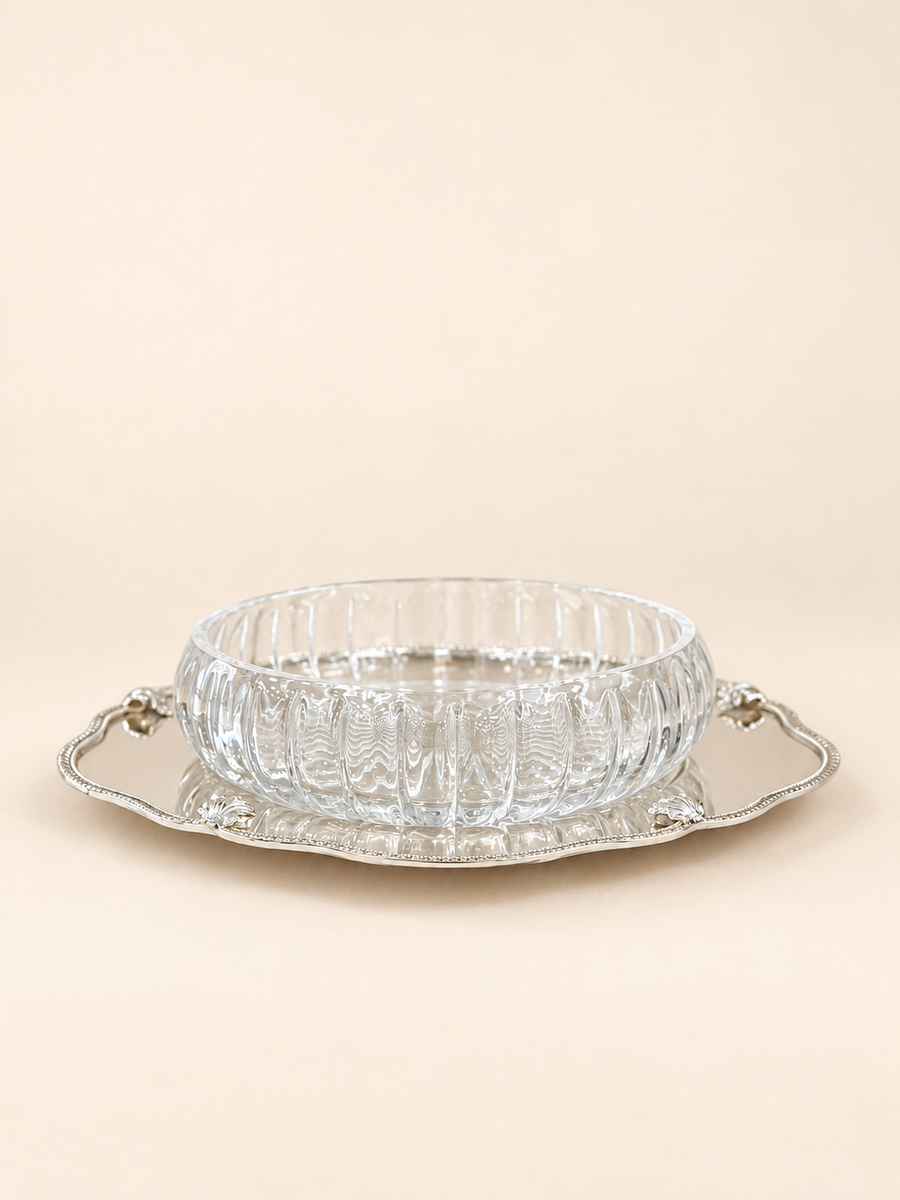 Silver-Plated Cut-Glass Bowl on Shaped Tray, 31 cm by Oriental Elegance