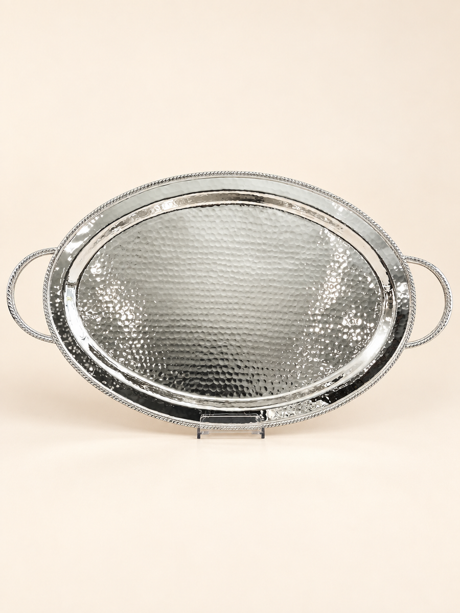Silver-Plated Oval Hammered Tray with Handles, 37 × 50 cm by Oriental Elegance