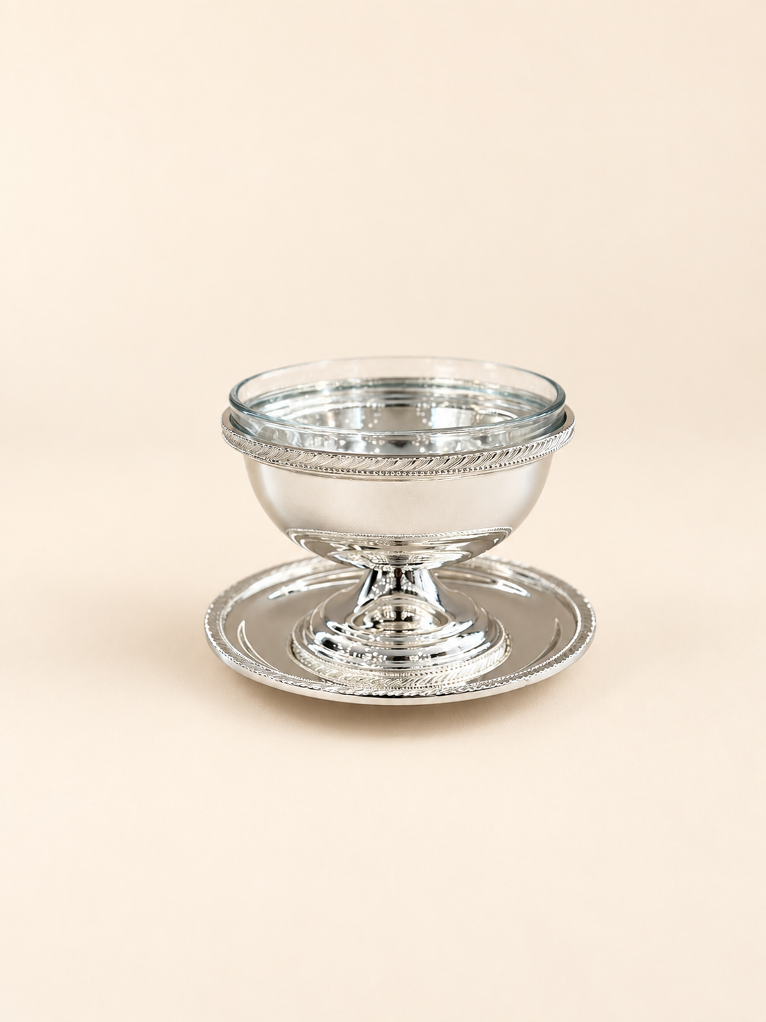 Silver-Plated Footed Dessert Bowl with Glass Insert and Saucer, 10 cm by Oriental Elegance