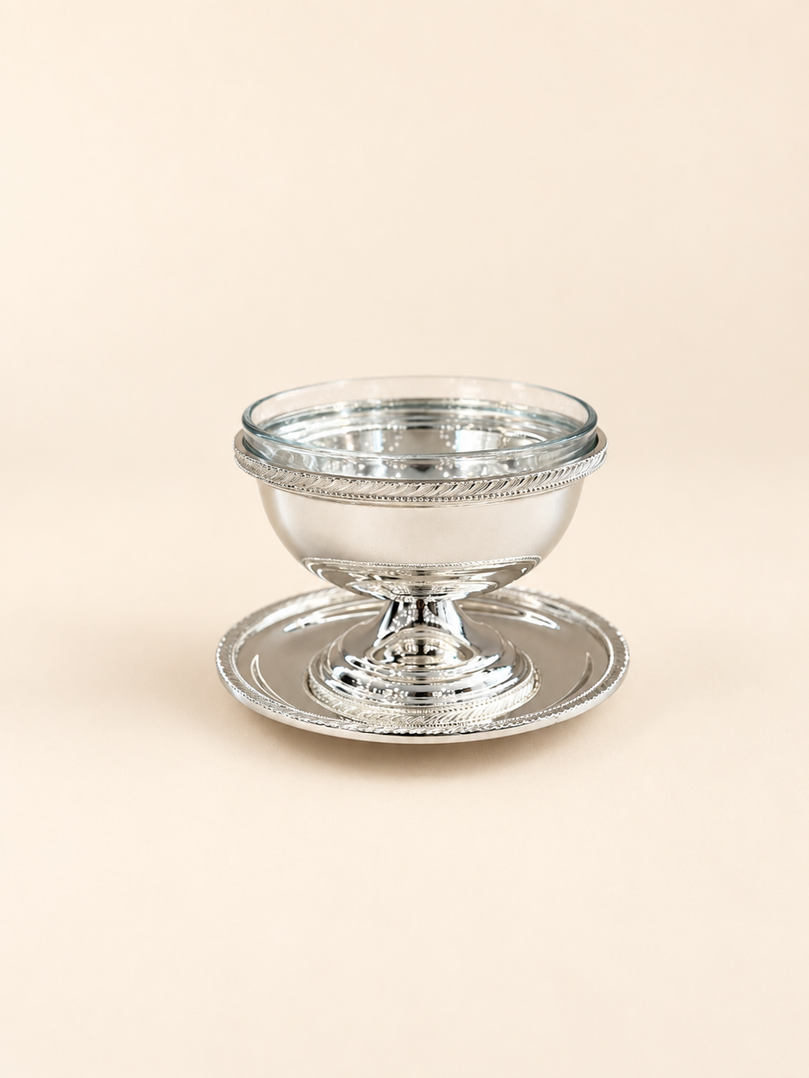 Silver-Plated Footed Dessert Bowl with Glass Insert and Saucer, 10 cm by Oriental Elegance