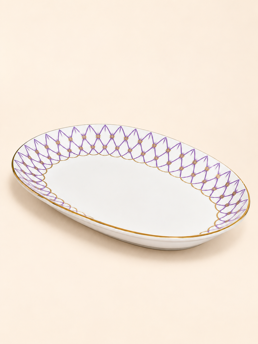 Mashrabiya Porcelain Oval Serving Plate, 33 cm in lilac by Oriental Elegance