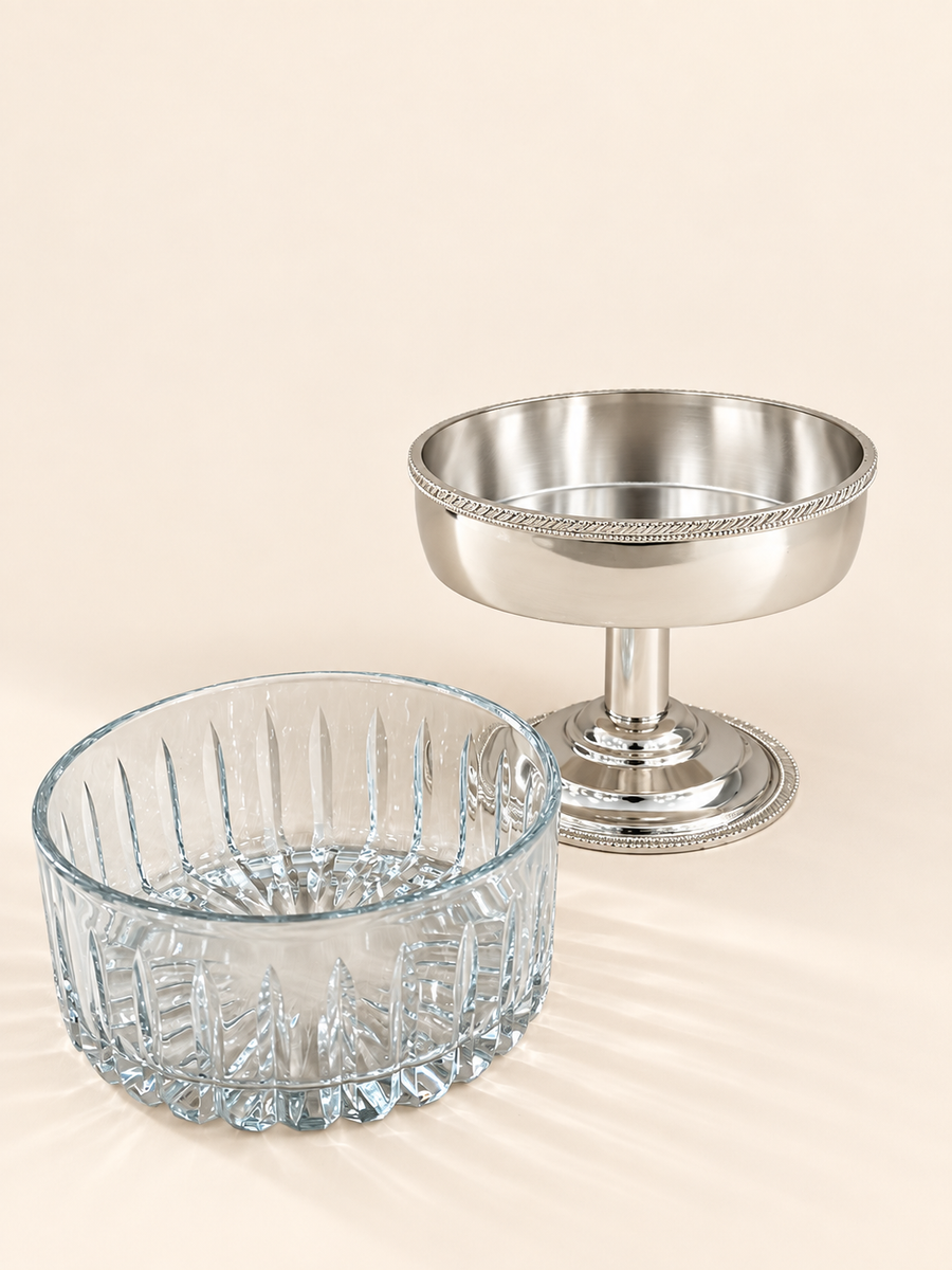 Silver-Plated Small Pedestal Bowl with Cut-Glass Insert, 14 cm by Oriental Elegance