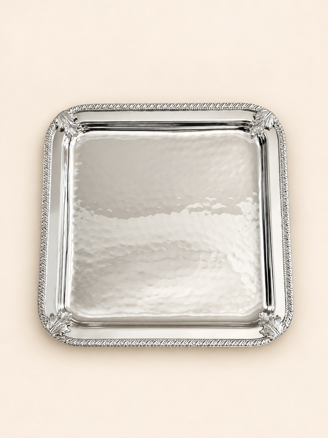 Silver-Plated Square Tray with Leaf Corners by Oriental Elegance