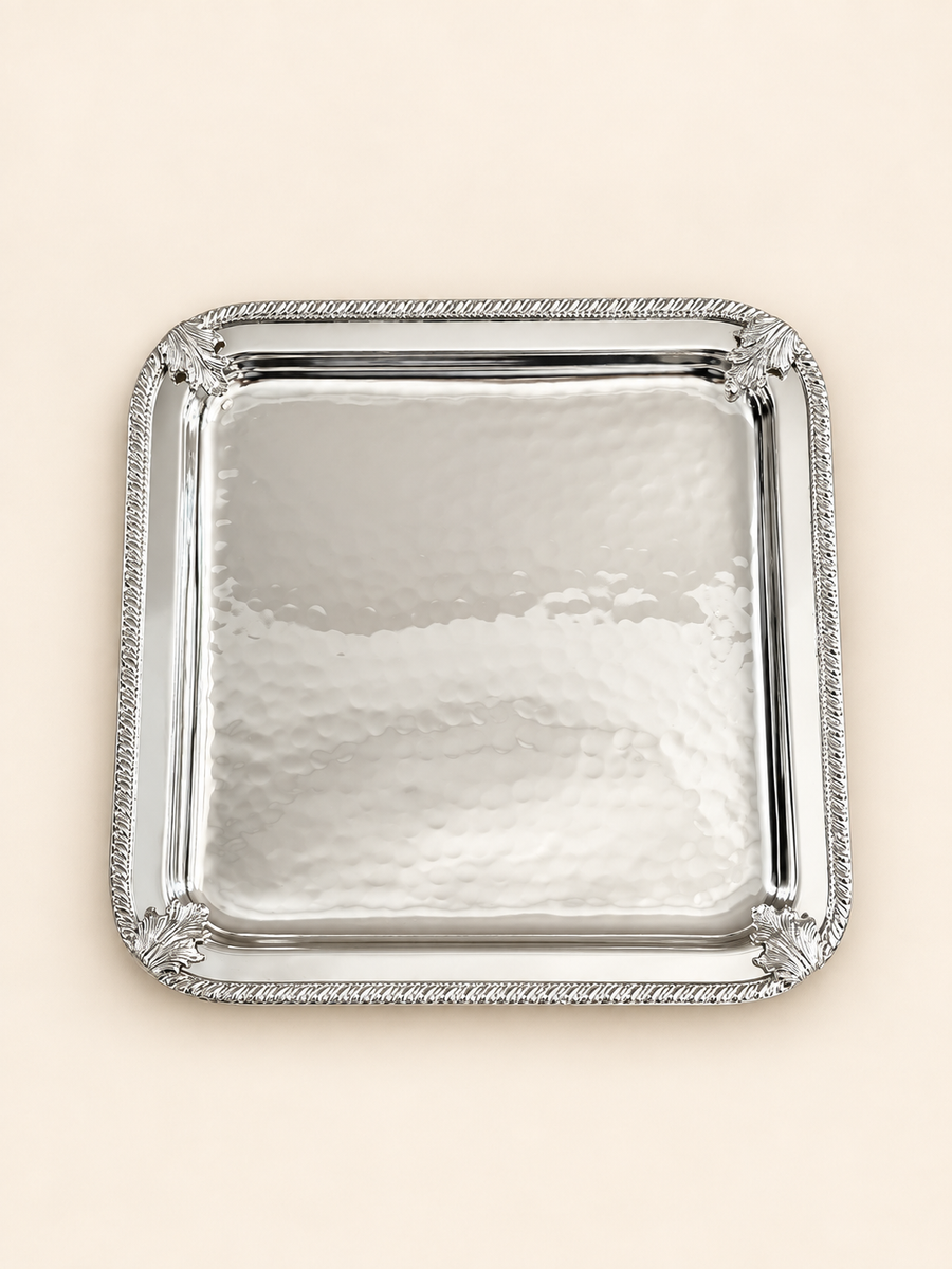 Silver-Plated Square Tray with Leaf Corners by Oriental Elegance
