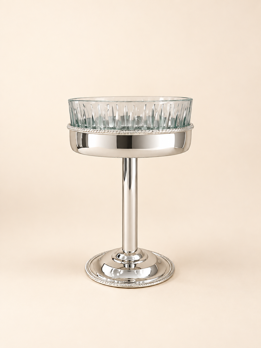 Silver-Plated Tall Pedestal Bowl with Cut-Glass Insert, 19 cm by Oriental Elegance