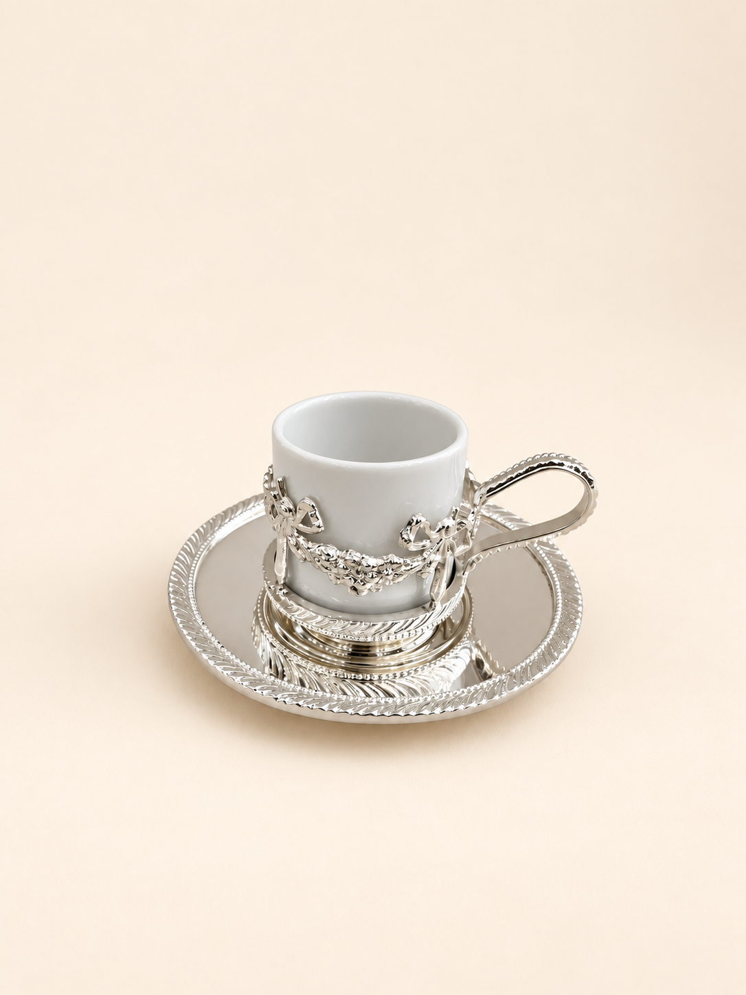 Silver-Plated Turkish Coffee Cup with Garland Holder and Saucer by Oriental Elegance