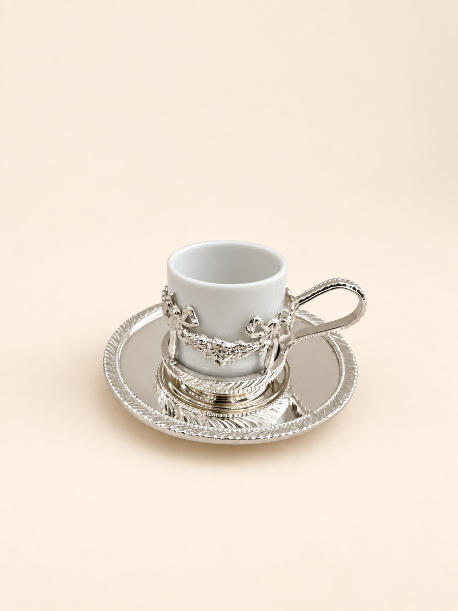 Silver-Plated Turkish Coffee Cup with Garland Holder and Saucer by Oriental Elegance