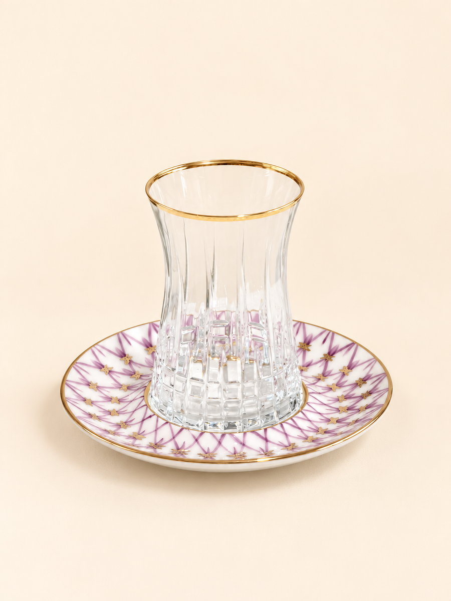 Mashrabiya Tea Glass with Hand-Painted Saucer in lilac by Oriental Elegance