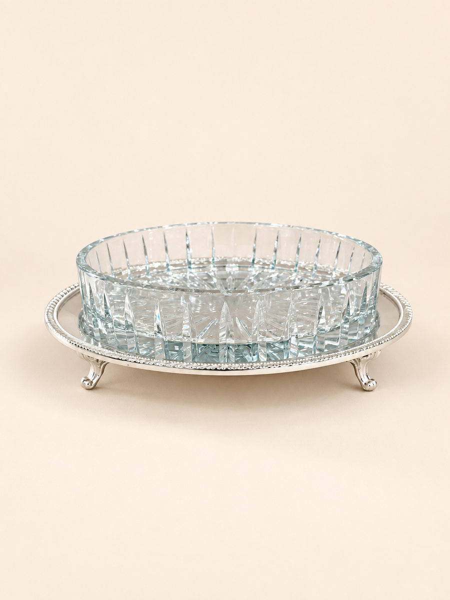 Silver-Plated Footed Round Tray with Cut-Glass Dish, 25 cm by Oriental Elegance